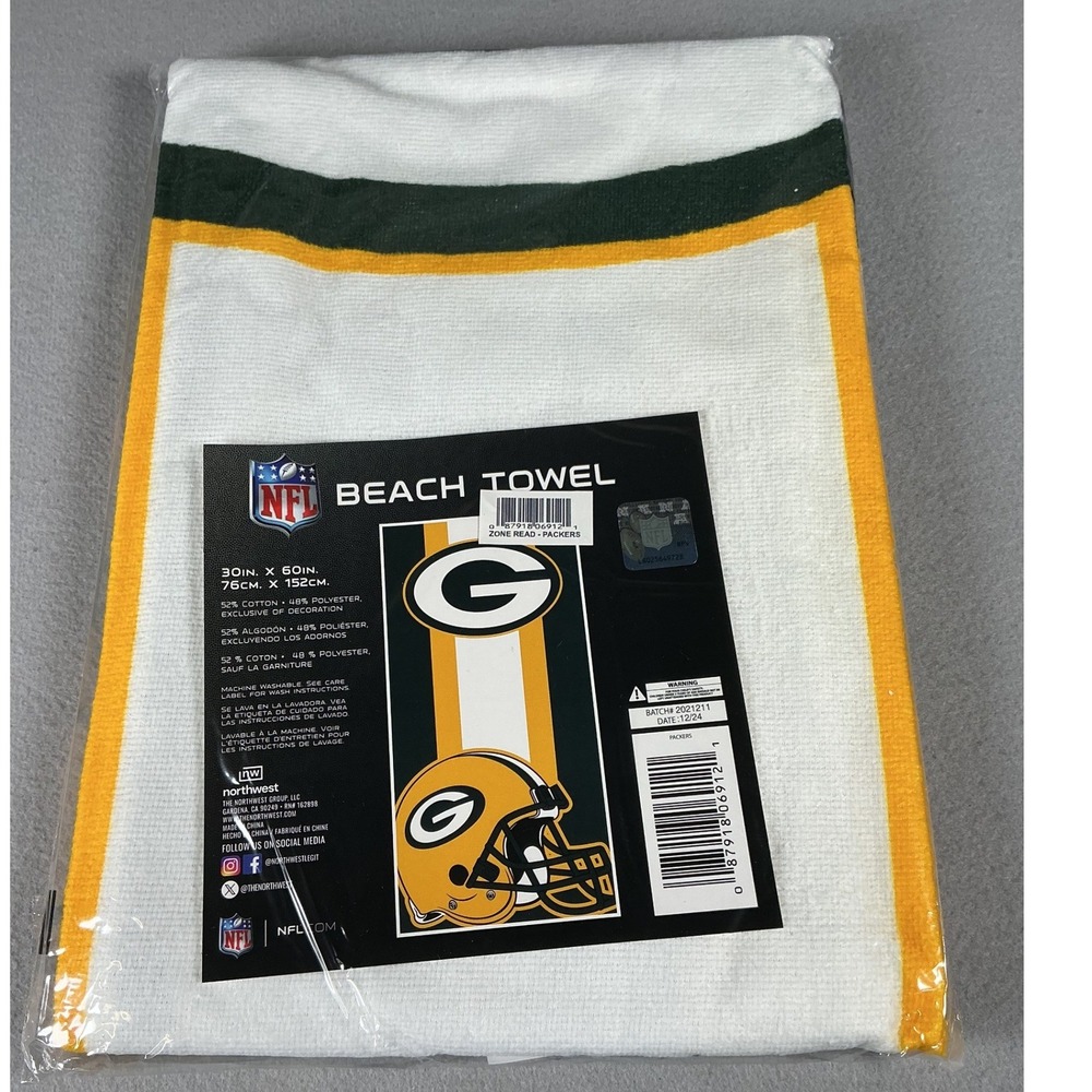 Green Bay Packers NFL Beach Towel 30x60 Cotton Blend White Green Gold New